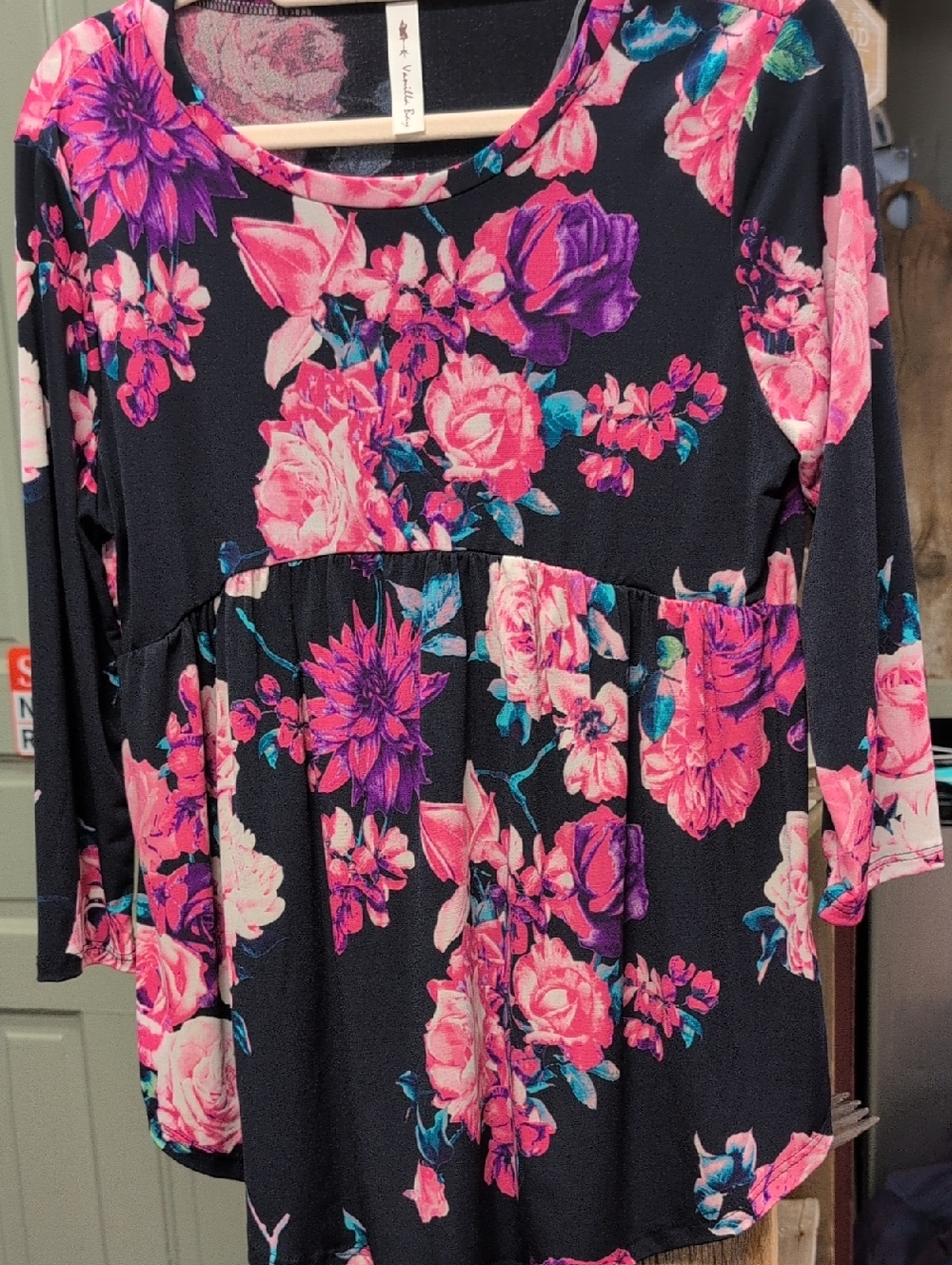 Vanilla Bay Black Tunic with Pink & Purple Floral Print